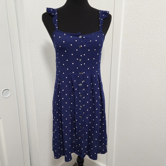 Madewell Ruffle Strap Button Front Navy Polka Dot Mini Dress - Picture 2 of 7